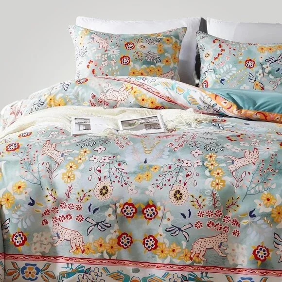 NEW Anthro Blue Jungle Multicolor Boho Queen / King Bedding Duvet & Sham Case - Picture 9 of 16
